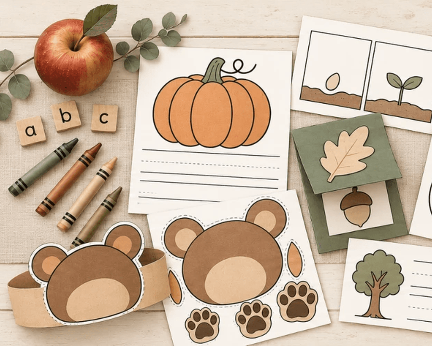 Printable classroom activities laid out on a table