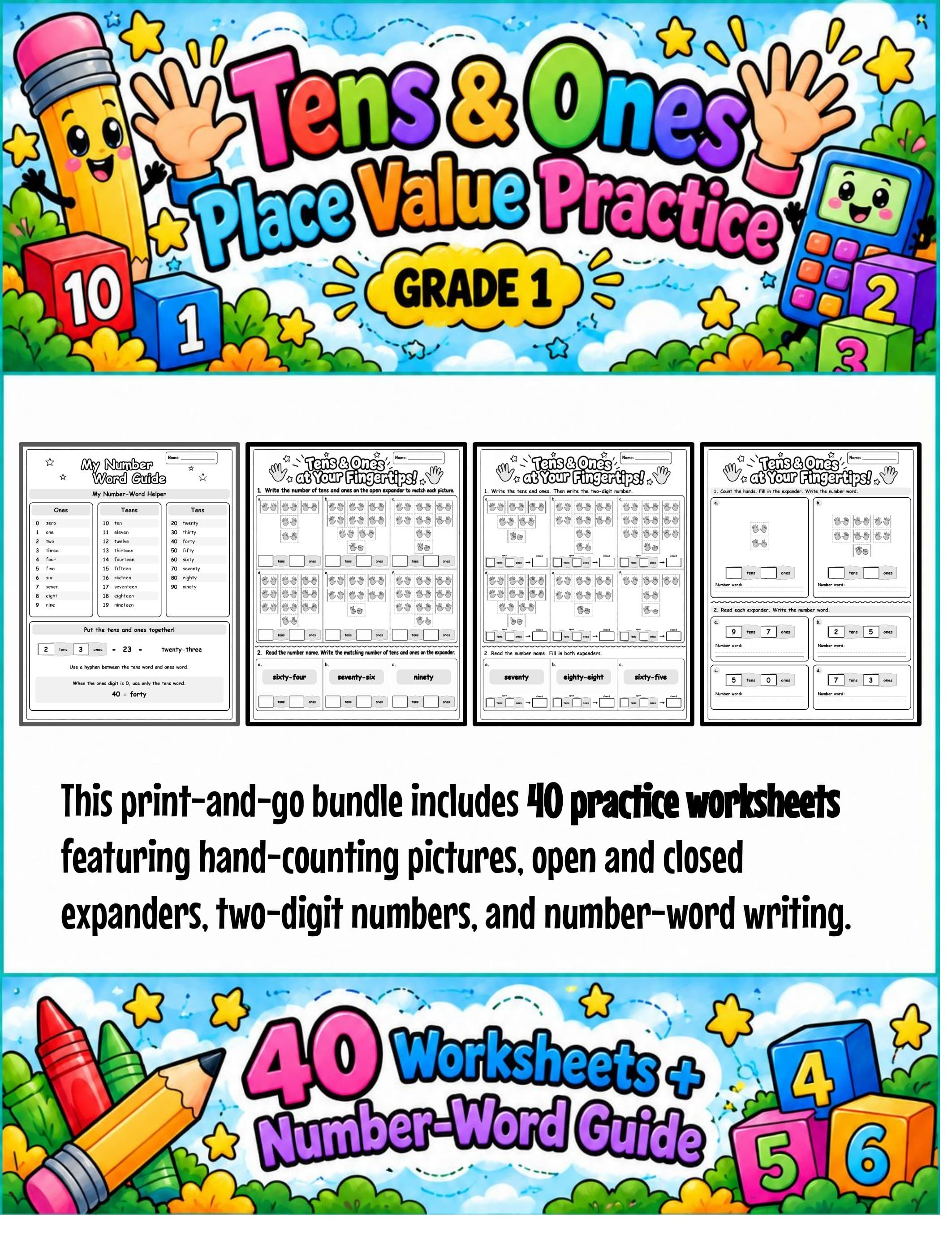 1st Grade Place Value Worksheets | Tens and Ones Practice | Place Value Expanders and Number Words to 99