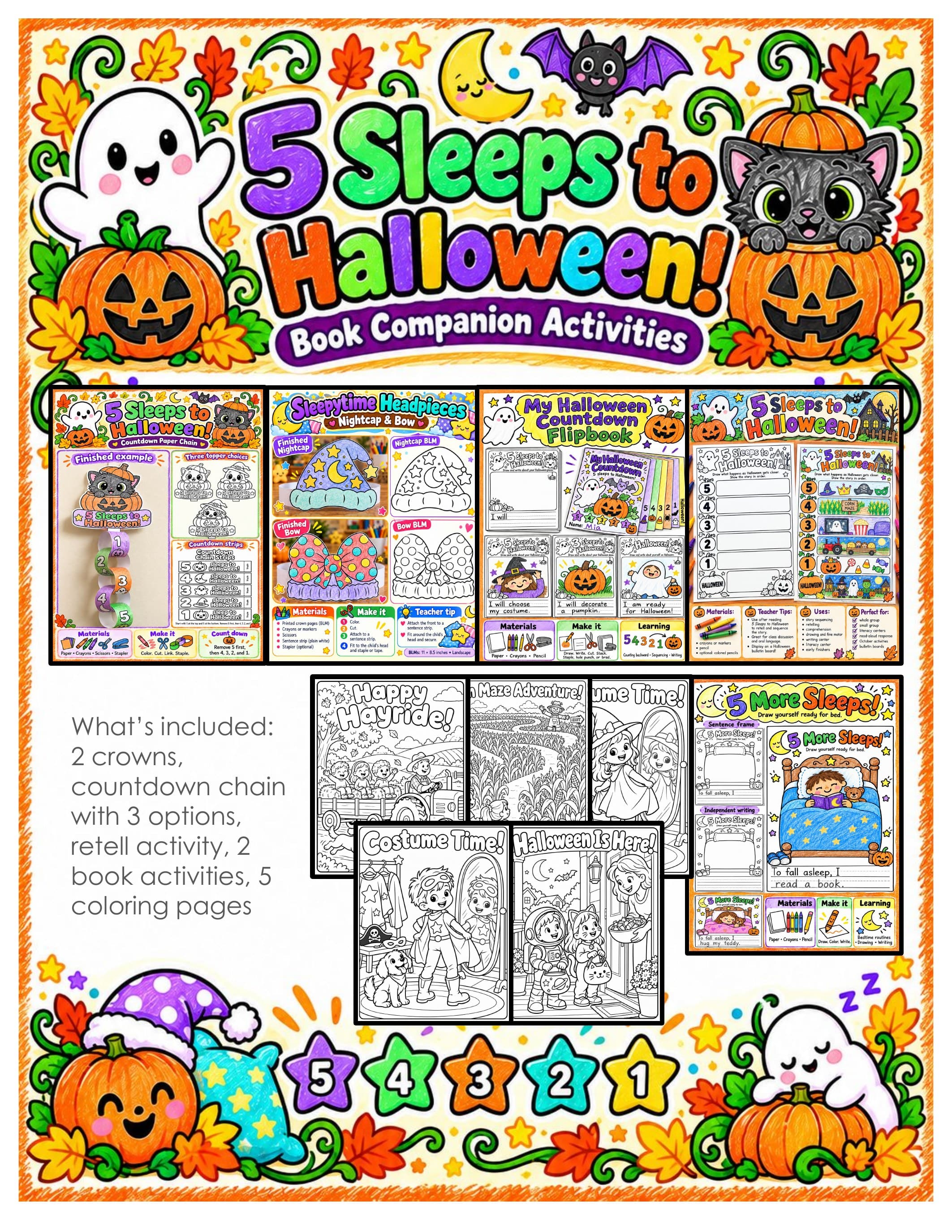 5 Sleeps to Halloween Book Companion | Halloween Countdown Craft, Flipbook, Writing Activities and Headpieces