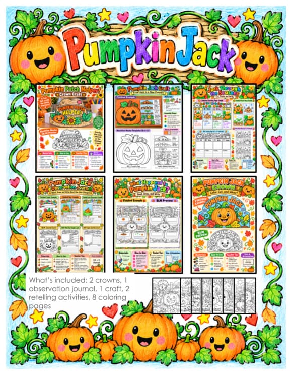 Pumpkin Jack Book Companion | Halloween Pumpkin Life Cycle Activities, Jack-o-Lantern Craft, Observation Journal, Crowns and Coloring Pages