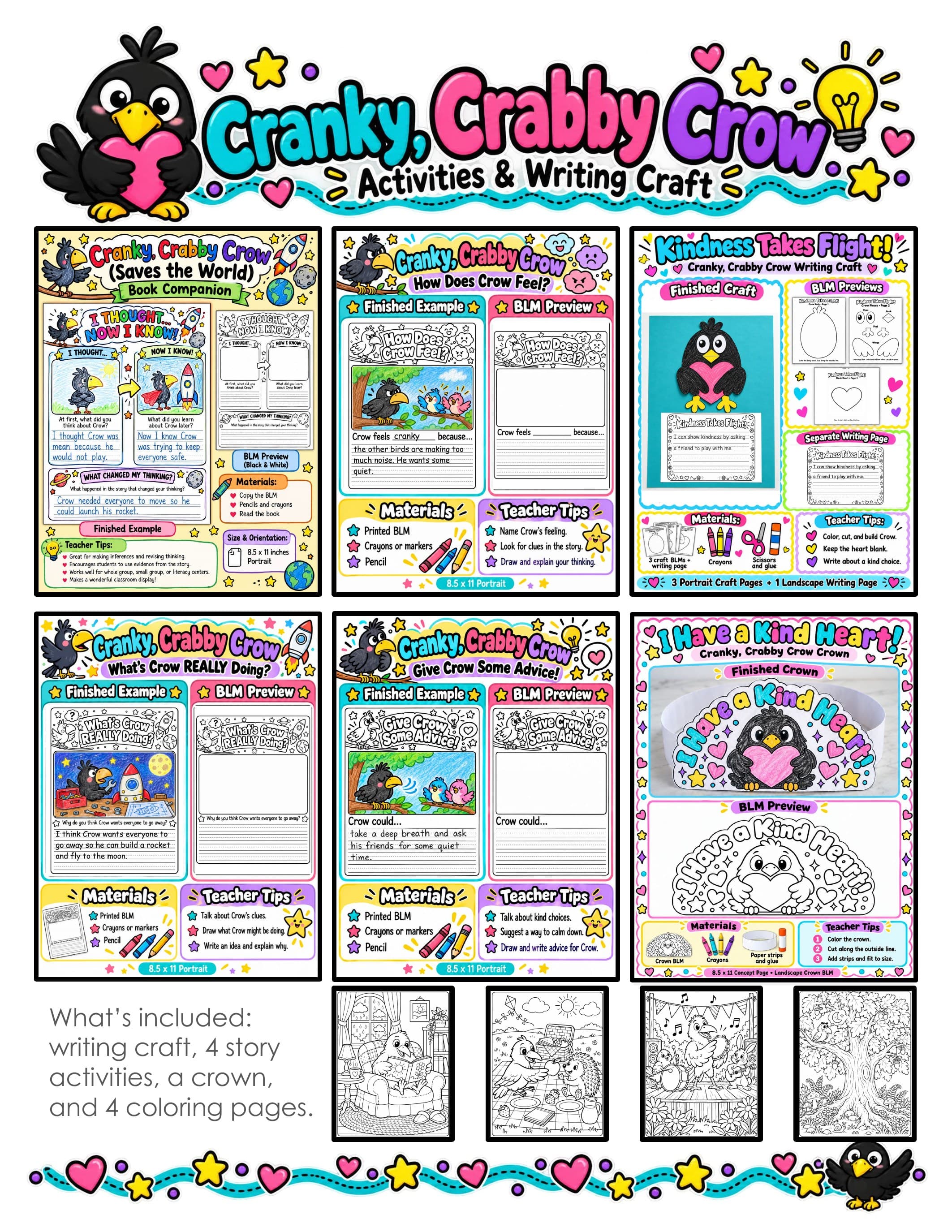 Cranky, Crabby Crow Activities | Book Companion Crow Craft, Kindness Writing, Making Inferences and Character Feelings