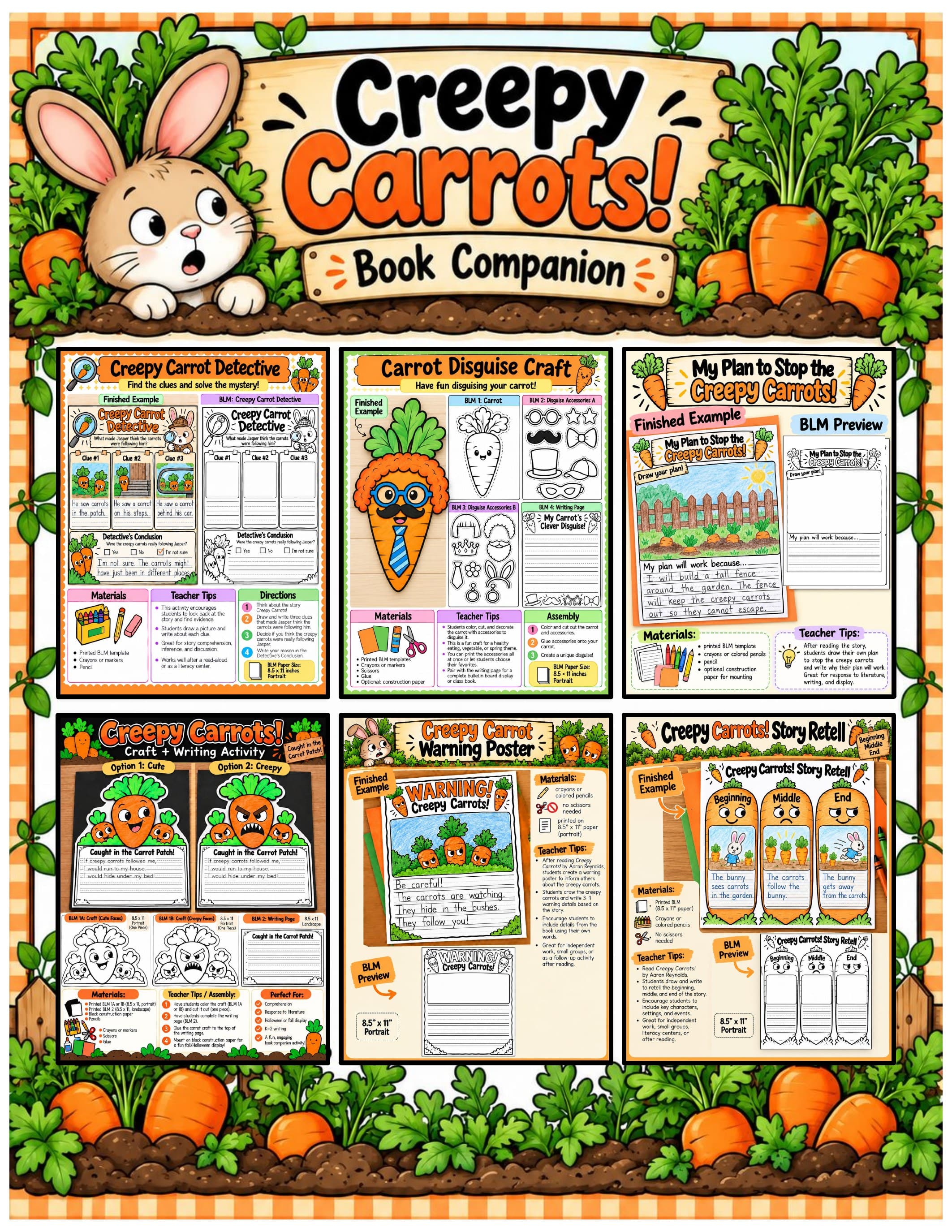 Creepy Carrots Book Companion | Halloween Reading Comprehension, Writing and Crafts | K-2 Fall Read Aloud Activities