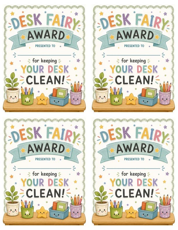 Desk Fairy Awards | Clean Desk Certificates and Notes | Classroom Management Printable for Organization