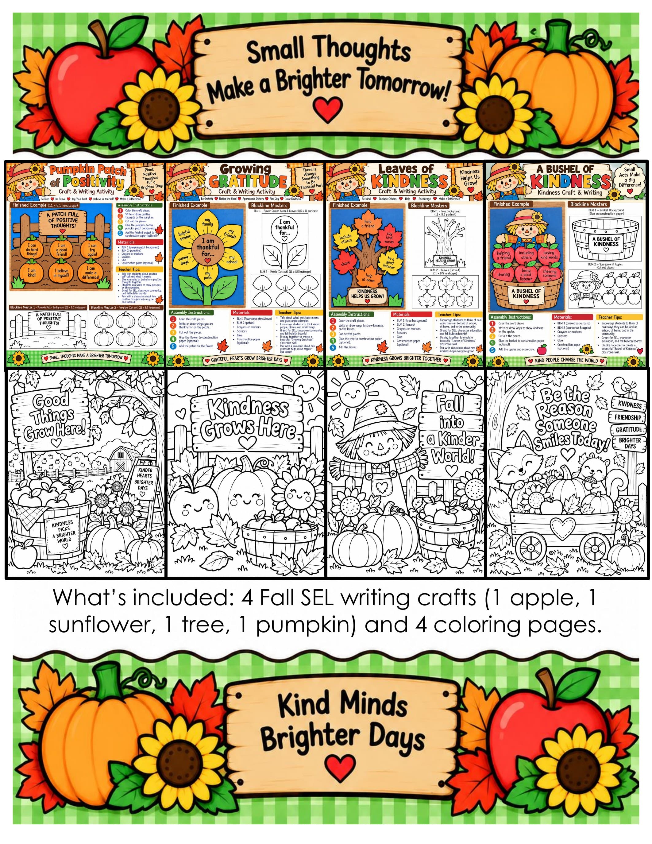 Fall SEL Activities | Kindness, Gratitude and Growth Mindset Crafts | Apple, Sunflower, Leaf and Pumpkin Fall Craft Set preview 1