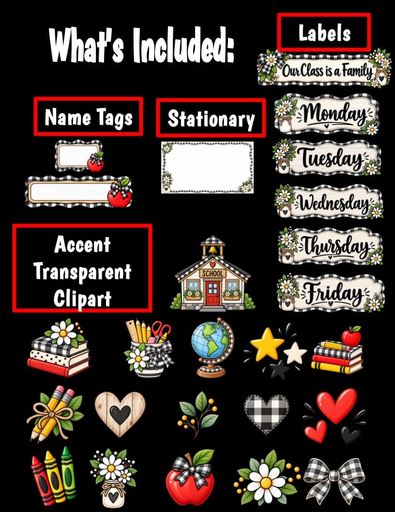 Farmhouse Theme Clipart | Classroom Decor Clip Art Set | Buffalo Plaid, Daisies and Greenery PNG preview 1