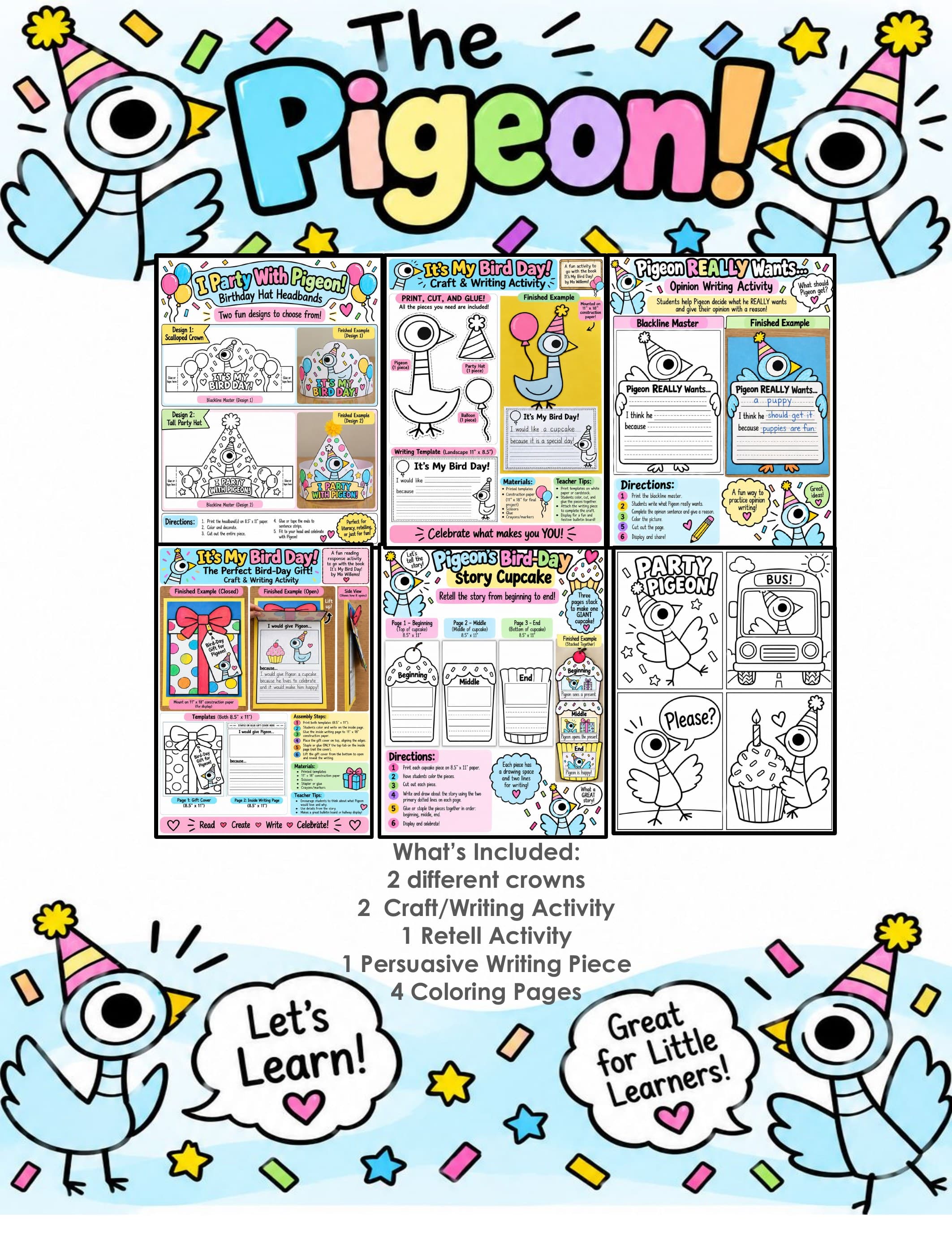 It's My Bird Day Activities | Mo Willems Pigeon Book Companion | Pigeon Craft, Headband Crown, Writing and Coloring preview 1