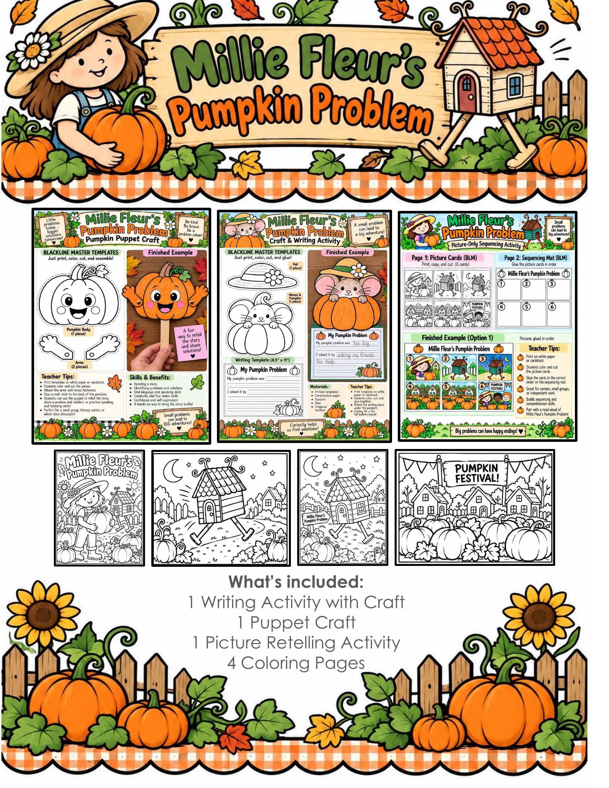 Millie Fleur's Pump Activities | Book Companion, Pumpkin Craft, Puppet, Story Sequencing and Writing preview 1