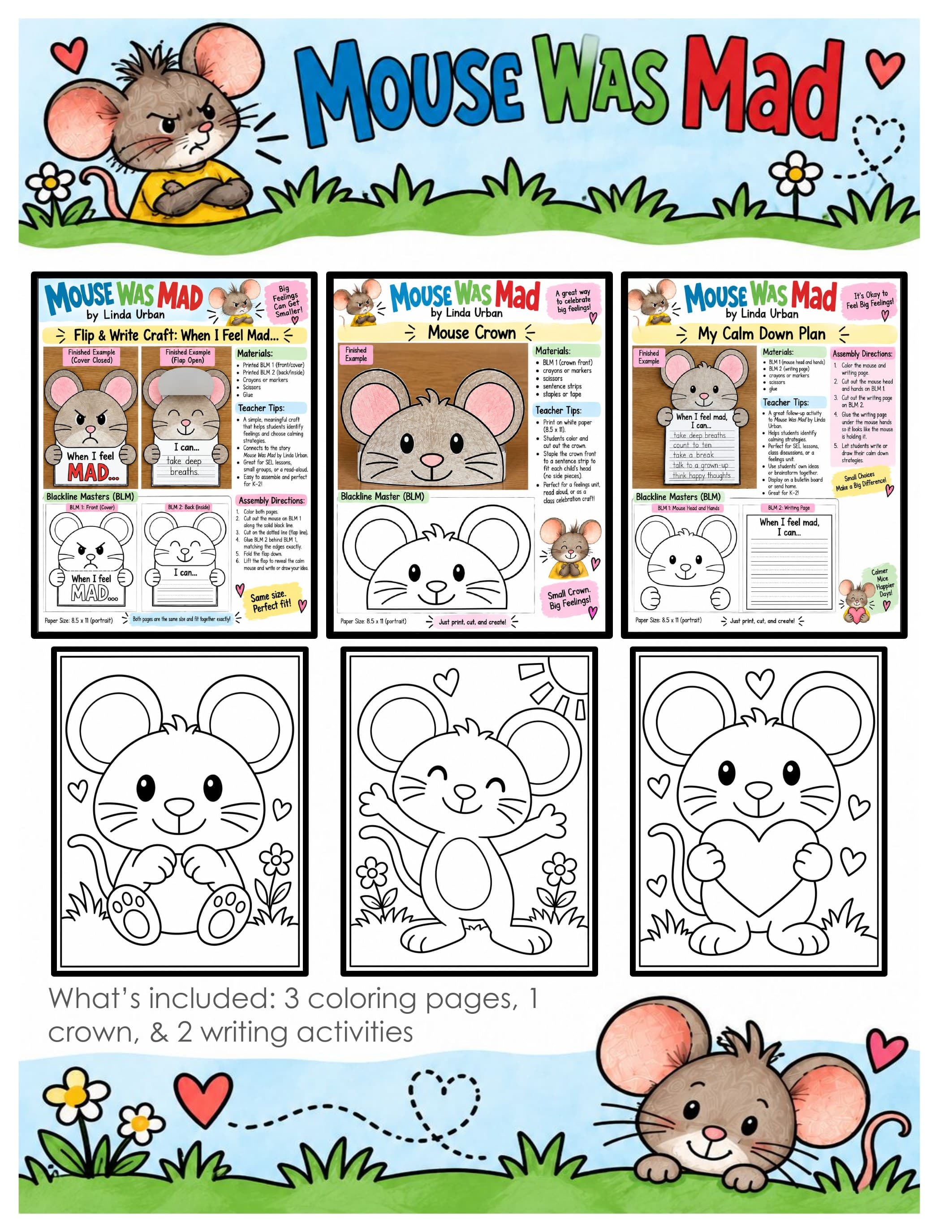 Mouse Was Mad Activities | Book Companion | Anger and Calm Down SEL Crafts, Writing and Coloring preview 1