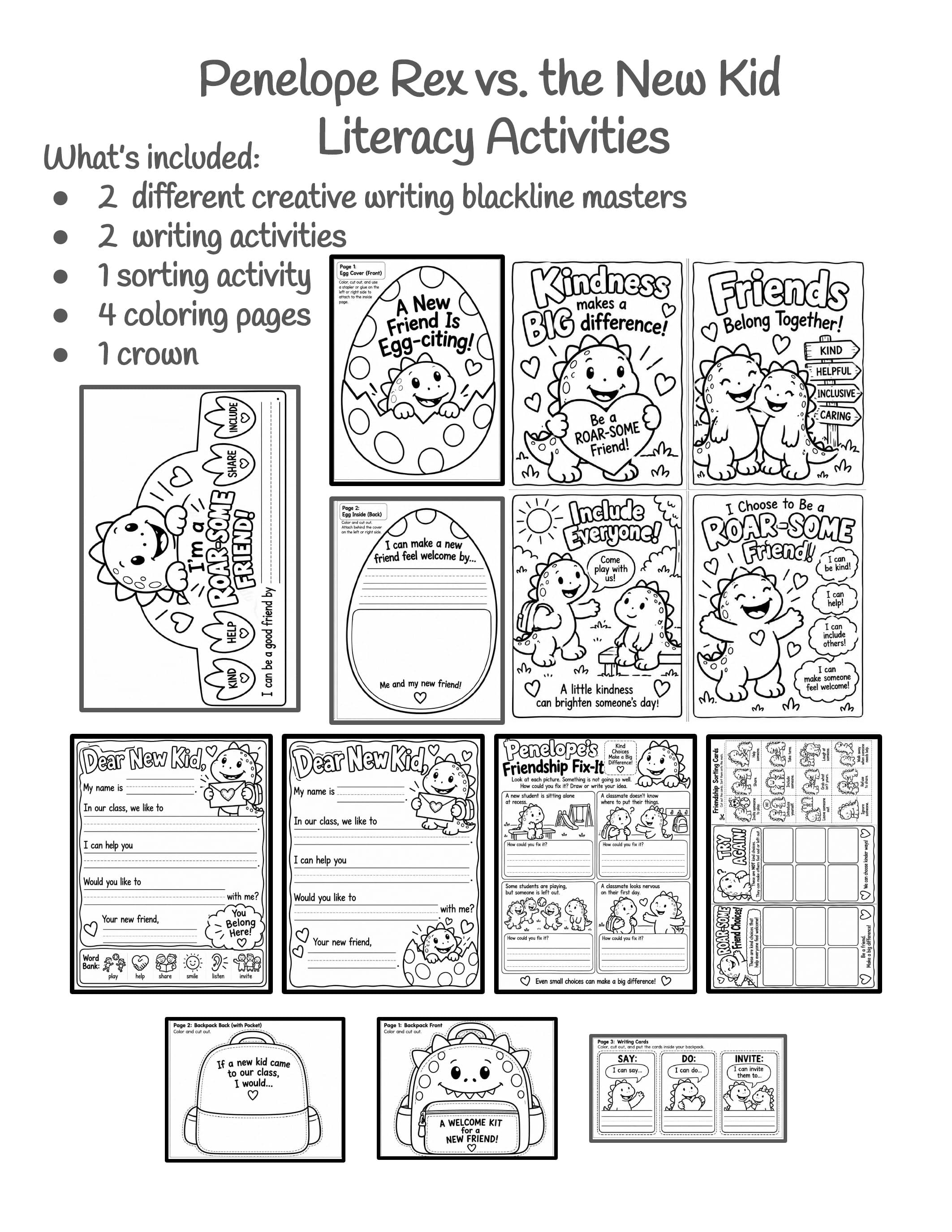 Penelope Rex vs the New Kid Activities | Companion to We Don't Eat Our Classmates | Writing, Craft, Coloring and Crown preview 1
