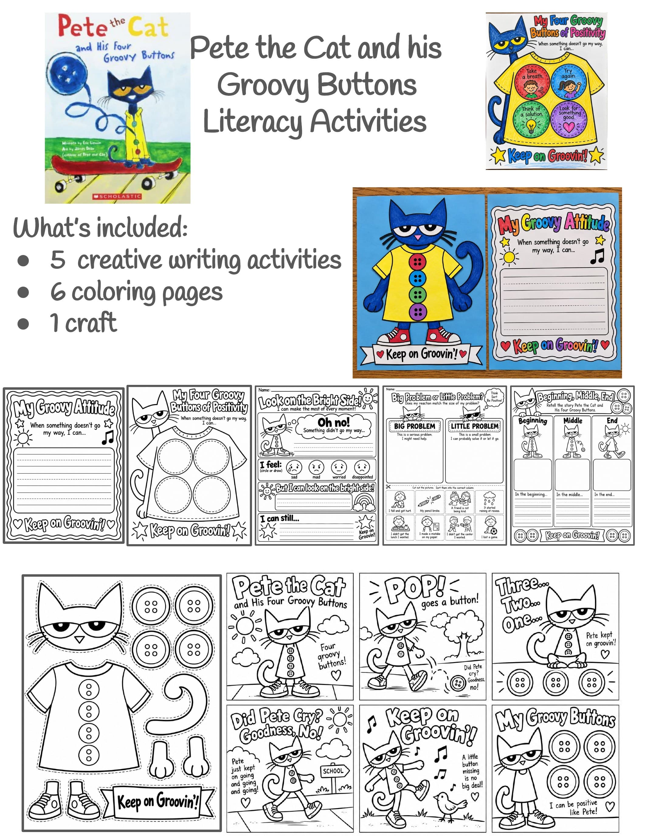 Pete the Cat and His Four Groovy Buttons Activities | Book Companion Writing, Craft and Coloring Pages preview 1