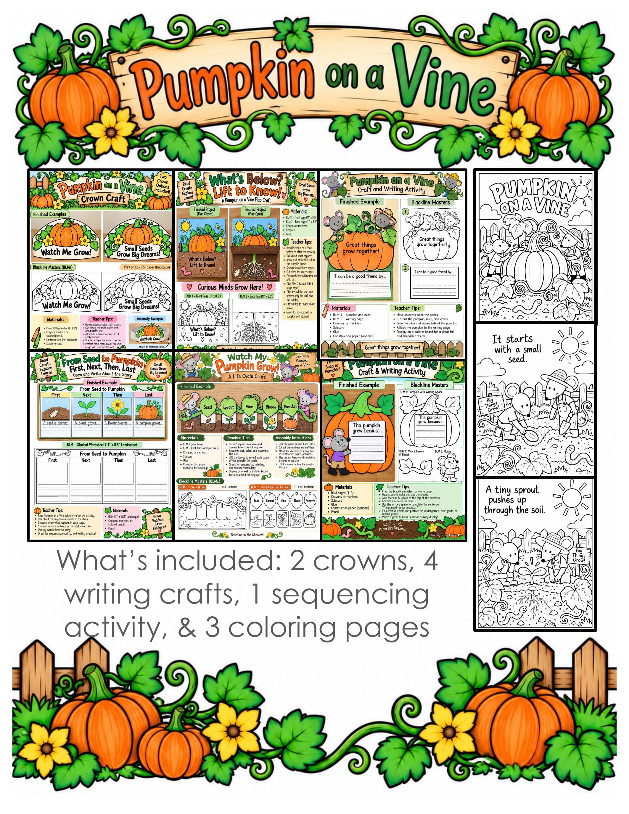 Pumpkin on a Vine Activities | Book Companion, Pumpkin Life Cycle Craft, Writing and Fall Bulletin Board preview 1