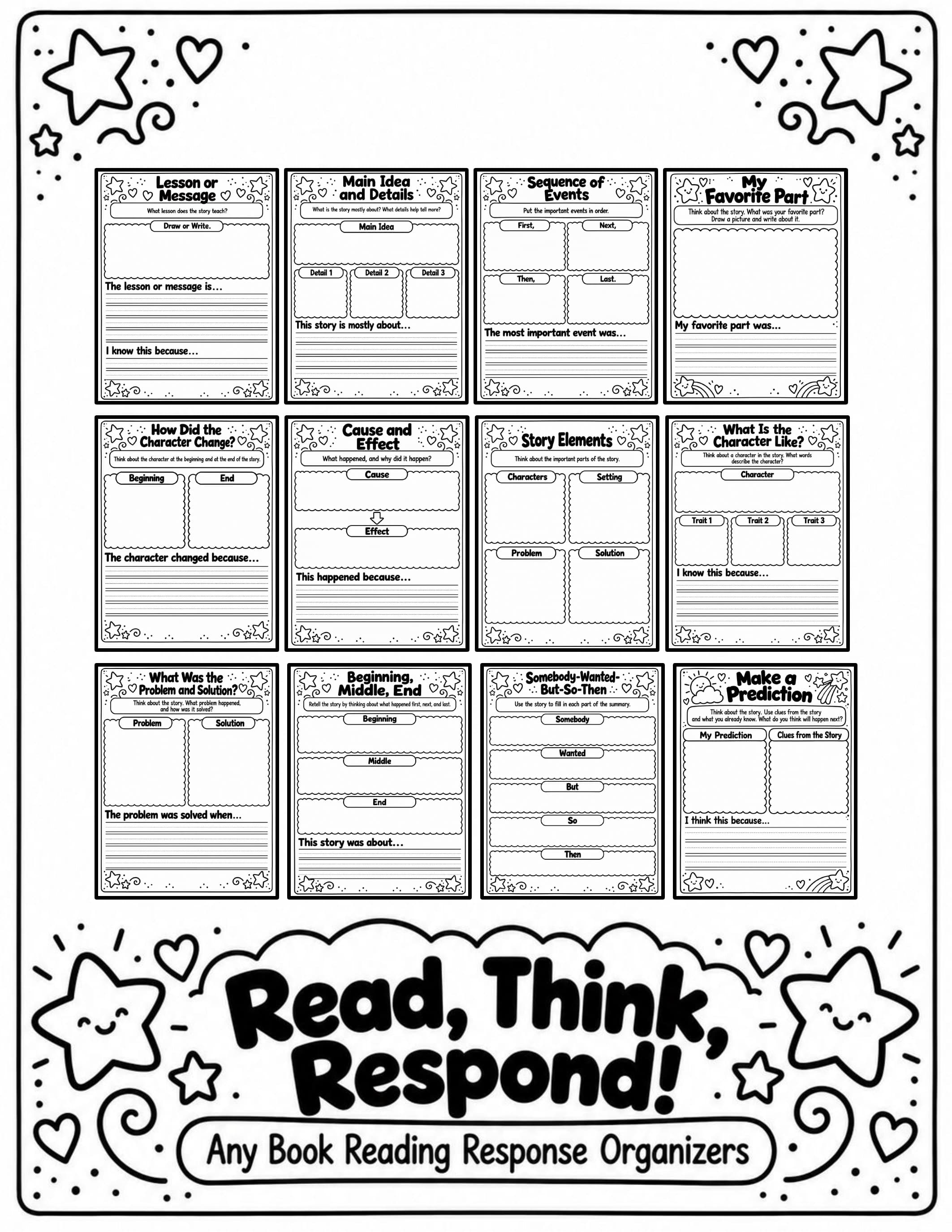 Reading Response Graphic Organizers | Any Book Reading Comprehension Worksheets | K-2 Story Elements and Retell