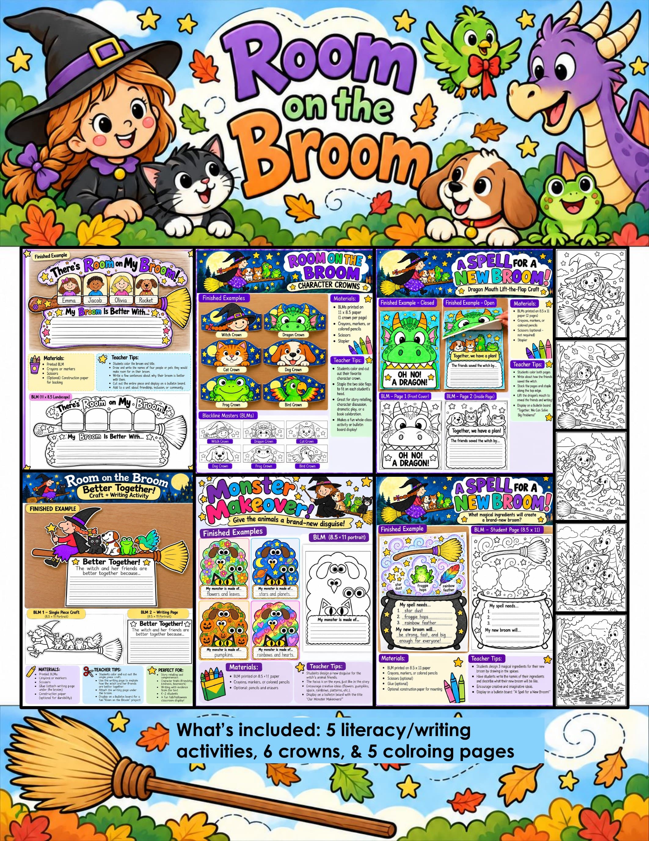 Room on the Broom Activities | Halloween Book Companion Crafts, Writing, Sequencing, Character Crowns and Coloring Pages