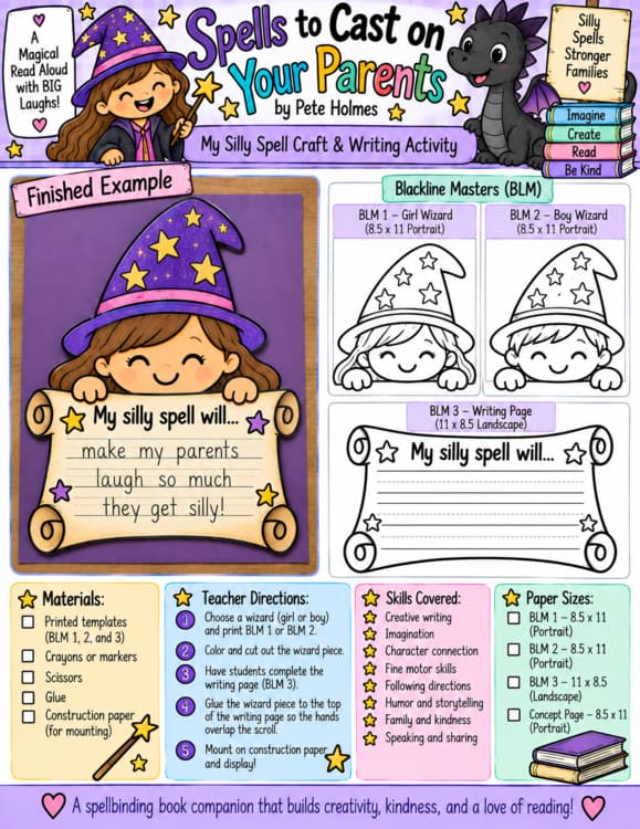 Spells to Cast on Your Parents Book Companion | Halloween Read Aloud Writing Crafts, Sequencing and Wizard Crowns preview 1