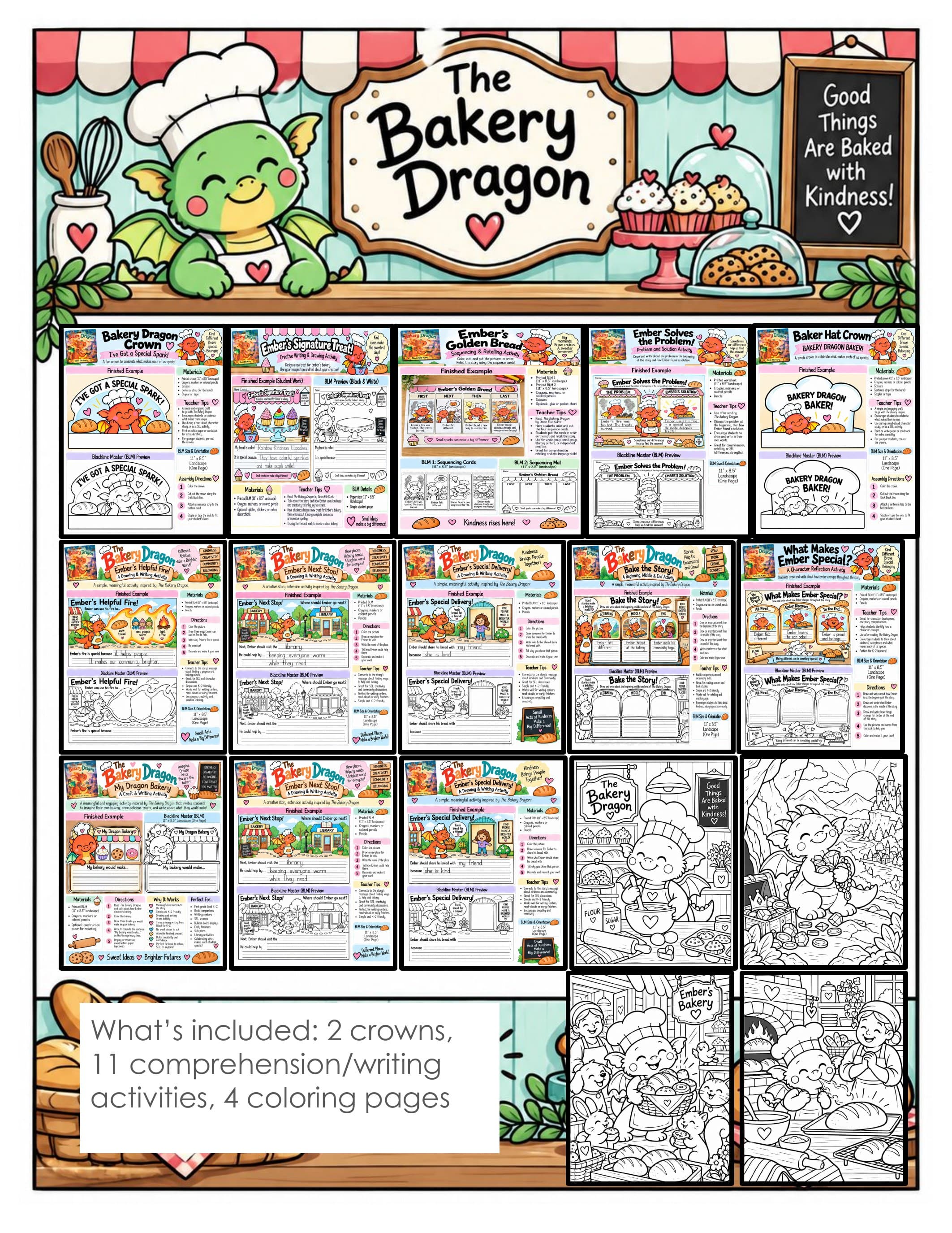 The Bakery Dragon Book Companion | 11 Read Aloud Activities, Dragon Craft Crowns, Story Sequencing and Coloring Pages K-2