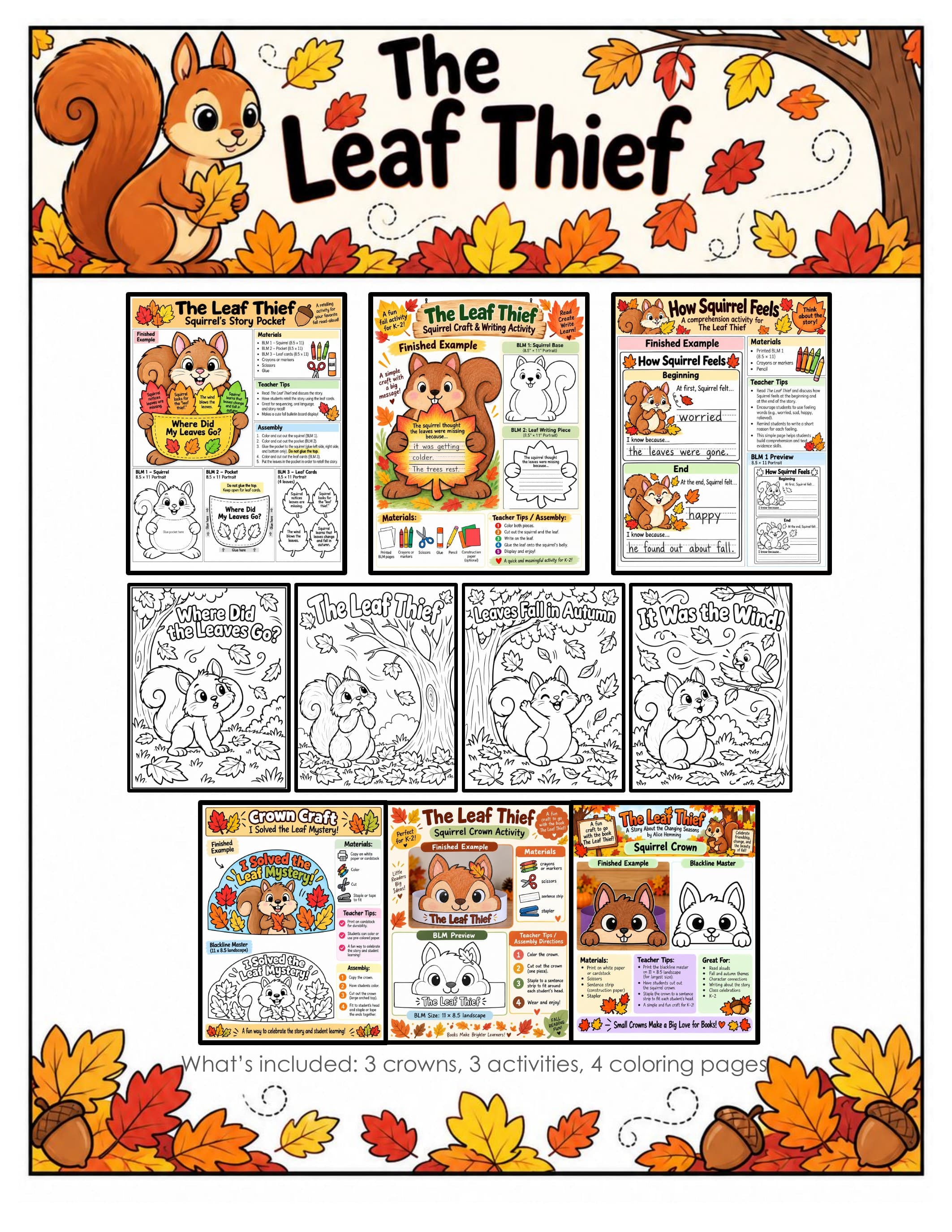 The Leaf Thief Activities | Book Companion, Fall Squirrel Craft, Retelling, Sequencing, Writing and Crowns