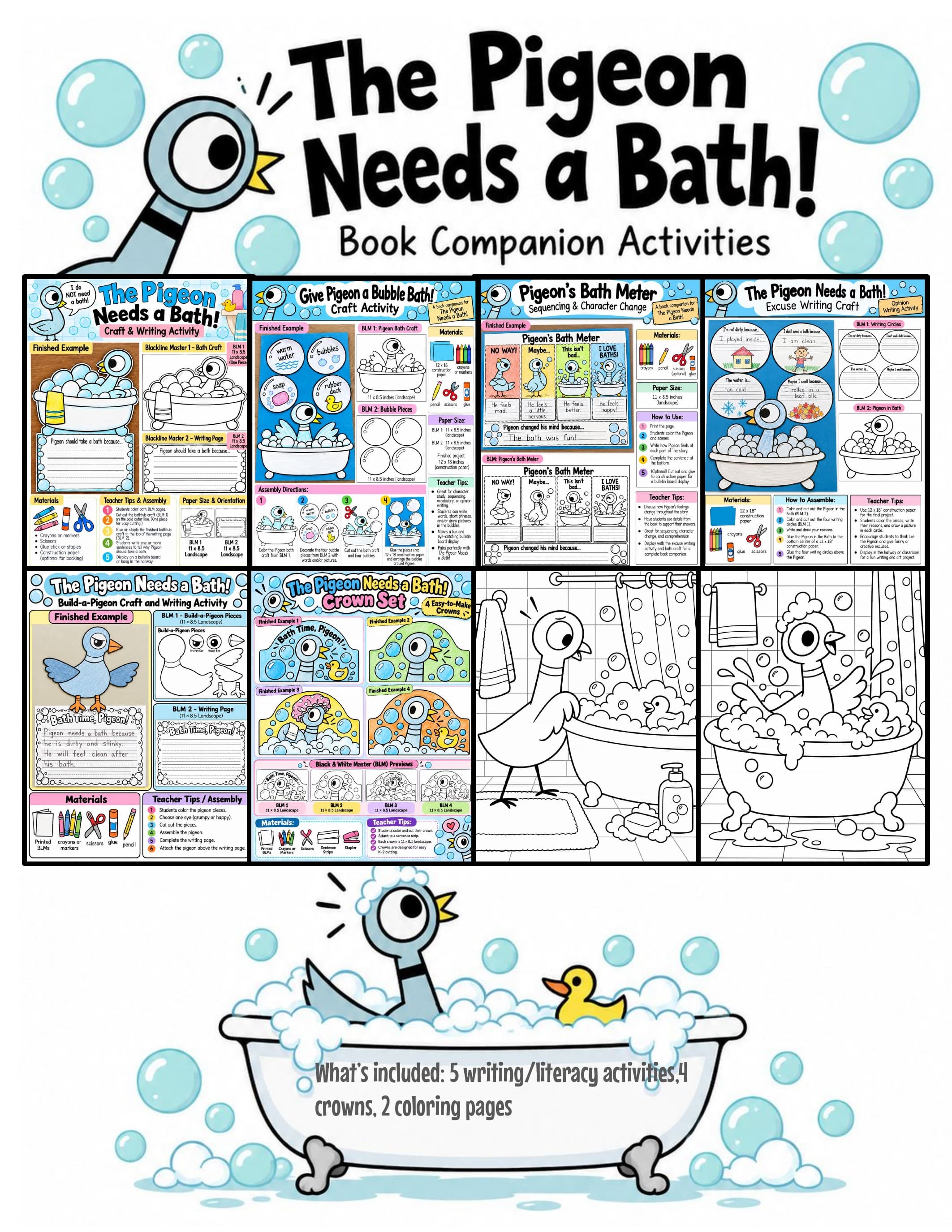 The Pigeon Needs a Bath Activities | Mo Willems Book Companion Pigeon Craft, Opinion Writing, Crowns and Coloring Pages preview 1