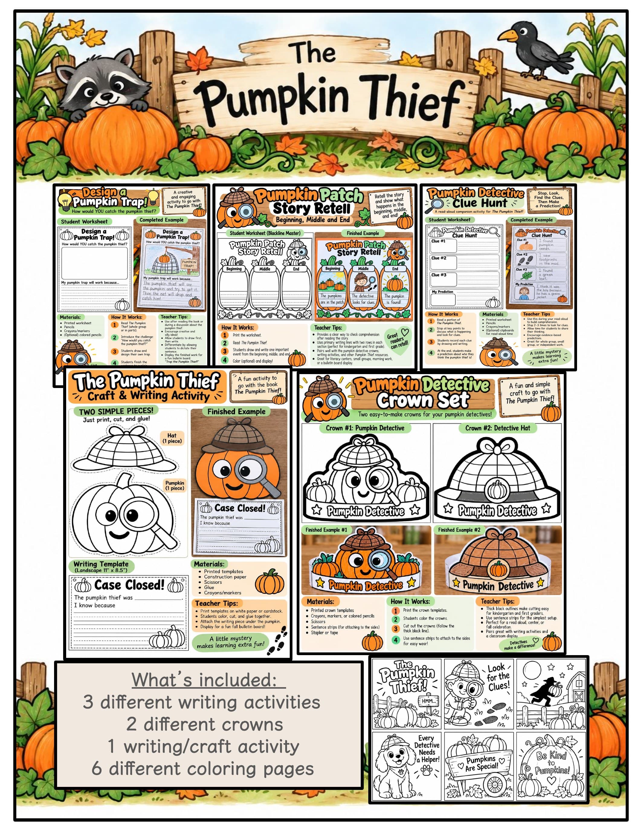 The Pumpkin Thief Activities | Halloween Book Companion, Pumpkin Craft, Detective Crowns, Fall Writing Prompts and Coloring preview 1